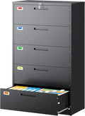 PEUKC 5 Drawer File Cabinet, Lateral Filing Cabinets for Home Office, Office Storage Drawers with Lock, Hanging Files Legal/Letter A4 Size (Assemble Required,Black)