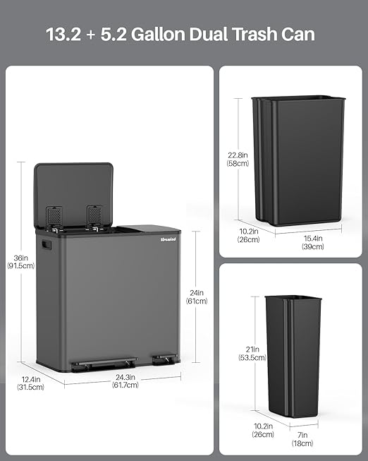 Dual Trash and Recycling Bins for Kitchen, 13.2 + 5.2 Gal (50+20L) Stainless Steel Trash and Recycle Bin Combo with Soft-Close Lid, Large Garbage Cans for Kitchen Home with 2 Magnets Sticker, Grey