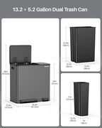 Dual Trash and Recycling Bins for Kitchen, 13.2 + 5.2 Gal (50+20L) Stainless Steel Trash and Recycle Bin Combo with Soft-Close Lid, Large Garbage Cans for Kitchen Home with 2 Magnets Sticker, Grey