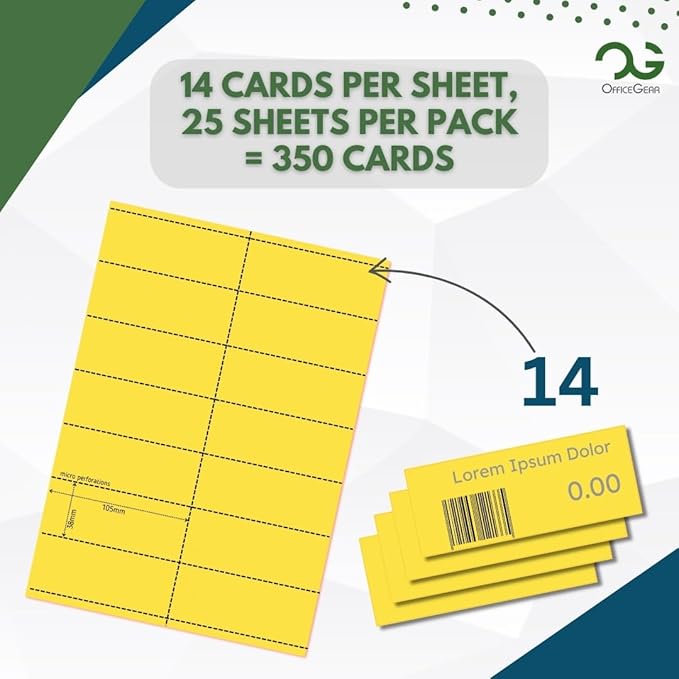 OfficeGear Yellow Shelf Edge Labels 14-up [25 Sheets - 350 Pack] 38x105mm Printable A4 Perforated Labels for Retail Barcodes, Price Stickers, Point of Sale, POS, Shelf Promotions Incl Template