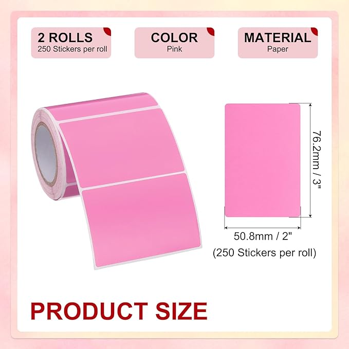 PATIKIL 2 x 3 Inch Rectangle Inventory Color Coding Labels 2 Roll, Square Self-Adhesive Inventory Label Stickers for Office Home Organization Name Tags, 250 Per Roll, Pink