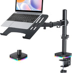RGB Monitor and Laptop Mount Stand with 3 USB Ports, Charging and USB Data Transfer, Adjustable laptop stand for 13" to 32" Screen and 11"-17” Laptop, Holds 18lbs/Arm, 75x75/100x100 VESA, C-Clamp