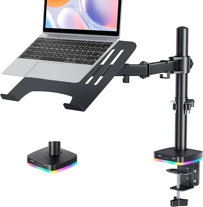 RGB Monitor and Laptop Mount Stand with 3 USB Ports, Charging and USB Data Transfer, Adjustable laptop stand for 13" to 32" Screen and 11"-17” Laptop, Holds 18lbs/Arm, 75x75/100x100 VESA, C-Clamp