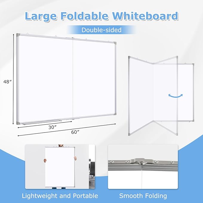 DOLLAR BOSS Large White Board 60 x 48 Inch Foldable Magnetic Whiteboard for Wall, Portable Double Sided Dry Erase Board, Aluminum Frame Message Board for School, Office, Classroom with Eraser, Markers