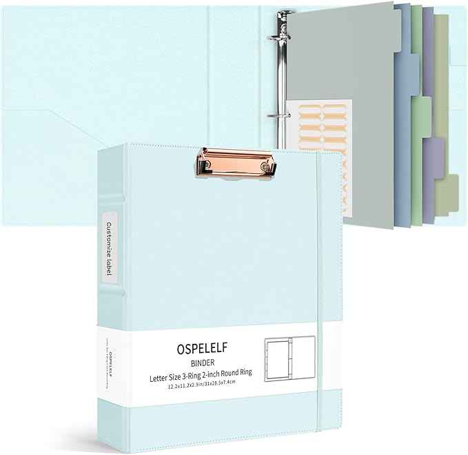 Ospelelf 2 Inch Clipboard Binder 3 Ring Leather Binder with Storage for Teacher, Professional Binders Organizer with Dividers and Tabs, Blue