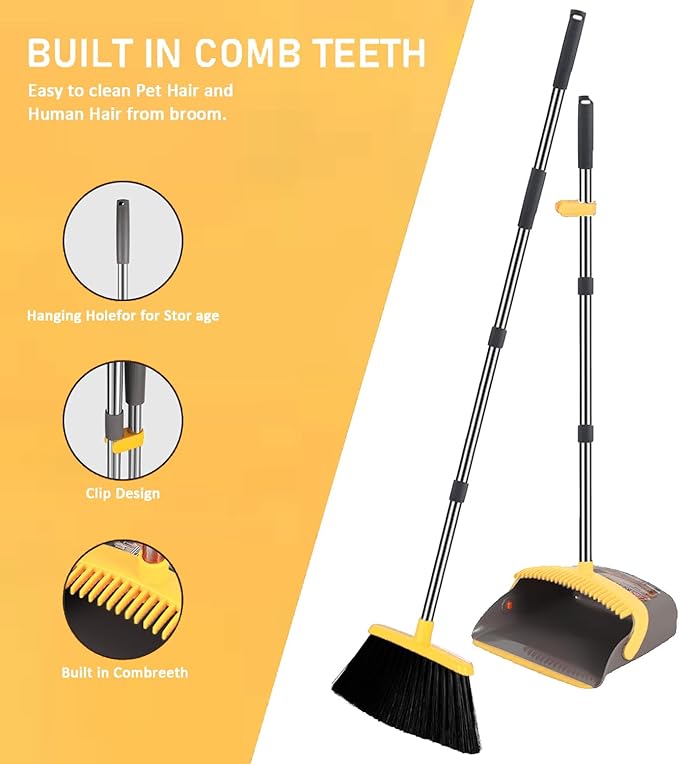 Brooms with Dustpan Combo Set， with 52" Long Handle, Dustpan Teeth with self-Cleaning Function, Indoor and Outdoor Sweeping, Perfect for Home Office (Large/Yellow/ 2-Pack)