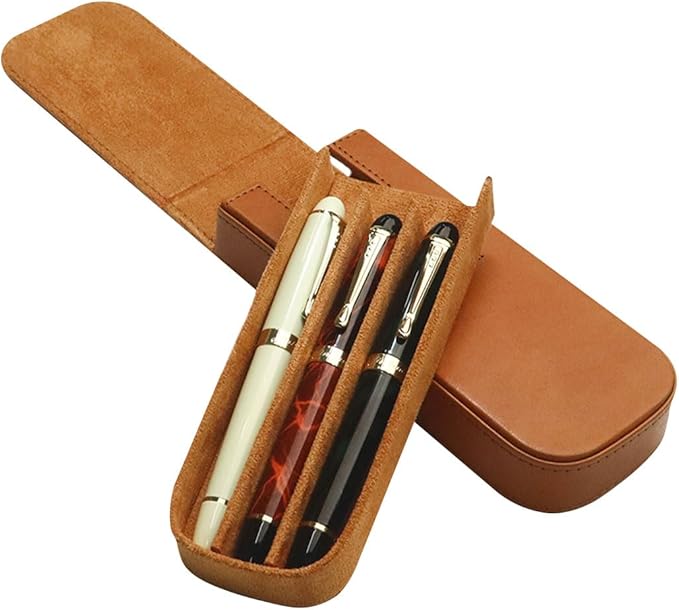 MIVLXLX Leather Triple Pen Case Pencil Pouch Holder for Three Fountain Ballpoint Rollerball Pens and Pencils Gift Choice for Man/Woman/Office (brown)