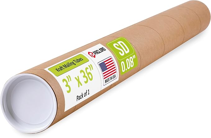 Paclord 3" x 36" Reinforced Kraft Paper Mailing Tube, Pack of 1 Tube with 2 Caps – Secure USPS Approved Poster Tube – Cardboard Tube for Shipping and Storing Posters, Prints, Artwork, or Documents