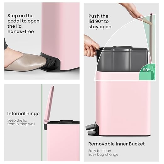 Cesun Small Bathroom Trash Can with Lid Soft Close, Step Pedal, 6 Liter / 1.6 Gallon Stainless Steel Garbage Can with Removable Inner Bucket, Anti-Fingerprint Finish (Pink)
