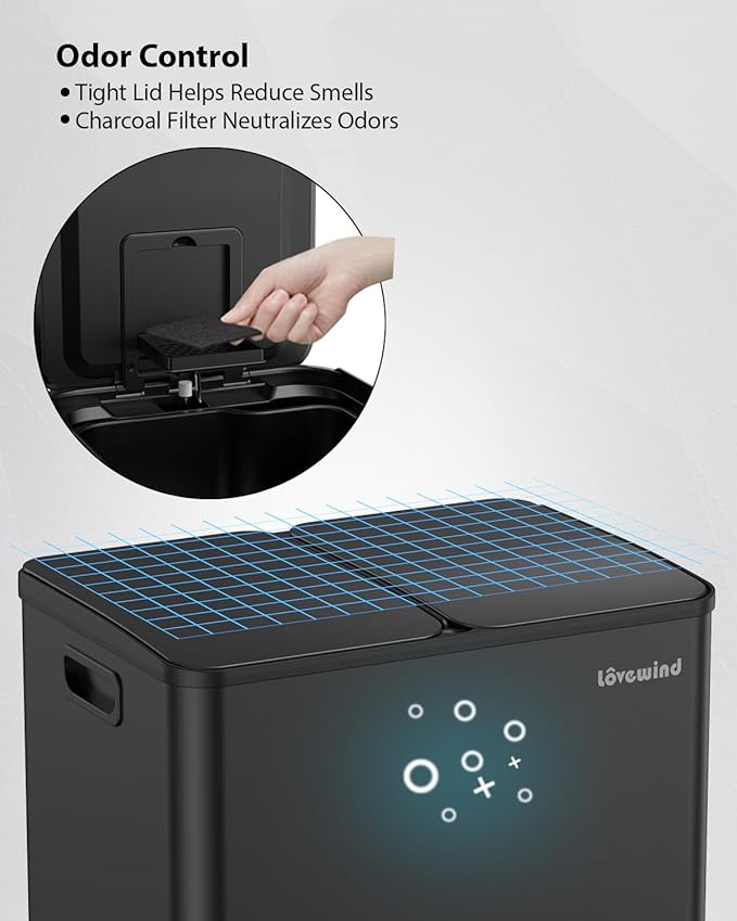 Lovewind Kitchen Trash Can, 2 x 8 Gallon (2 x 30 L) Stainless Steel Trash and Recycle Bin Combo with Soft-Close Lid, Dual Compartment Recycling Kitchen Step Trash Bin, Black