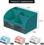 Desk Organizer with 6 Compartments and 2 Drawers, Plastic Makeup Organizer, Pen Holder for Desktop Storage, Desk Organization for School, Home, Office Supplies (Dark Green)