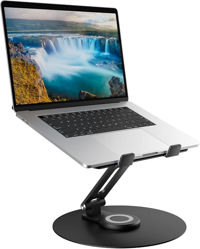 Swivel Laptop Stand for Desk, Adjustable Height Aluminum Computer Stand with 360 Rotating Base, Foldable Ergonomic Riser, Portable Laptop Holder Compatible with MacBook, All Laptops 10-17'', Black