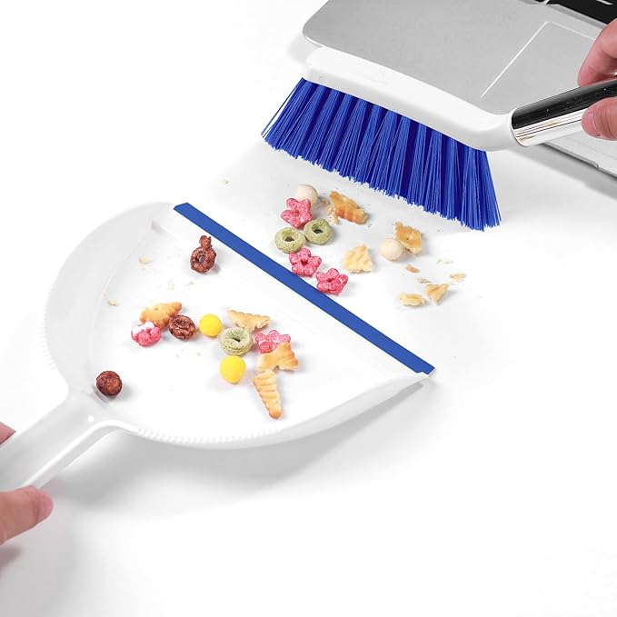 NACENA Mini Broom and Dustpan Set, Small Dust Pan and Brush Set with Handle Dustpan Teeth for Cleaning Hair Suitable for Office Desks Drawers Sofas Outdoor Camping, Blue
