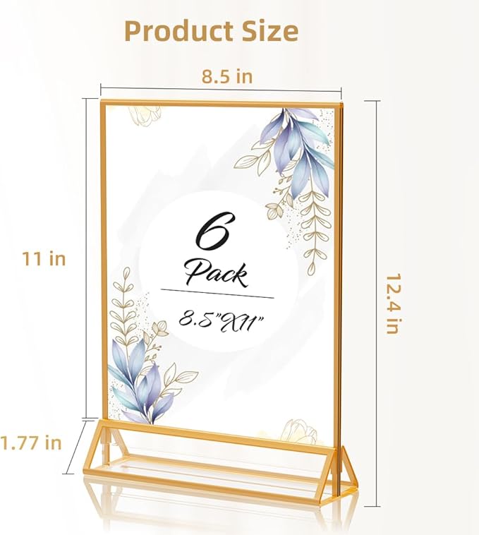 PPH-Sisy Acrylic Sign Holder 8.5X11 Gold Picture Frame Double Sided Acrylic Frame Plastic Sign Holder Display Stand for Wedding Table Numbers Menu Holder (6 Pack)