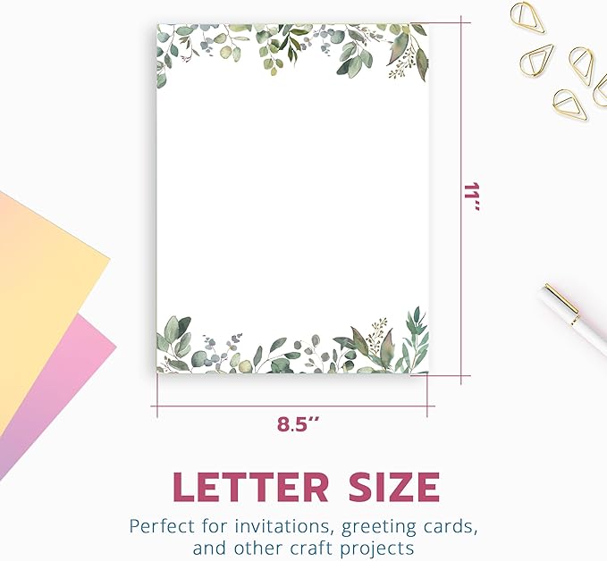 Leaf Theme Paper Stationery, Greenery Letterhead Paper 8.5 x 11 Inches, 50 Sheets, Elegant Writing Paper, Pretty Stationary Paper, Decorative Printer Paper