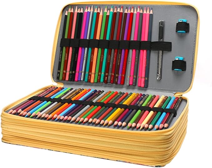 Colored Pencil Case - Large Capacity Colored Pencil Holder with Zipper Closure Twill Fabric Pencil Case for 300 Colored Pencils or 200 Gel Pen, Pencil Case Organizer for Artist (Yellow Flower)