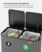 Lovewind Trash Can, 2 x 10.5 Gallon (2 x 40 L) Garbage Can for Kitchen Dual Compartment Recycling Kitchen Step Trash Bin, Stainless Steel Trash and Recycle Bin Combo with Soft-Close Lid, Grey