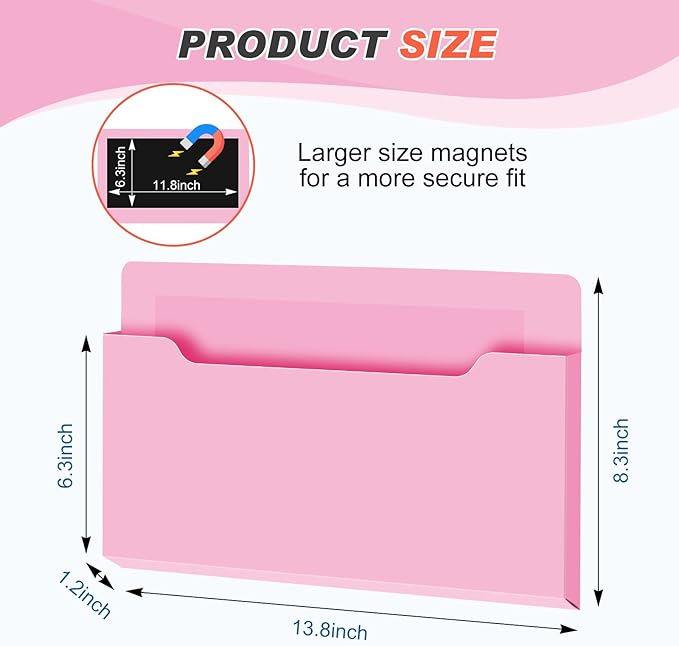 Feifeiya Magnetic Pocket File Holder Large File Folder Organizer Paper Mail Letters Holder Wall Hanging Office Supplies for Refrigerator Whiteboard Cabinets(13.8 x 8.3 Inch,Horizontal,Pink)