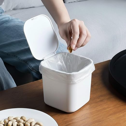 SILJIATING Mini Desktop Trash Can with Trash Bags, Small Countertop Waste Bin with Lid for Office, Skincare & Makeup Table, Tiny Aesthetic Garbage Bin for Bedside White(1pc)