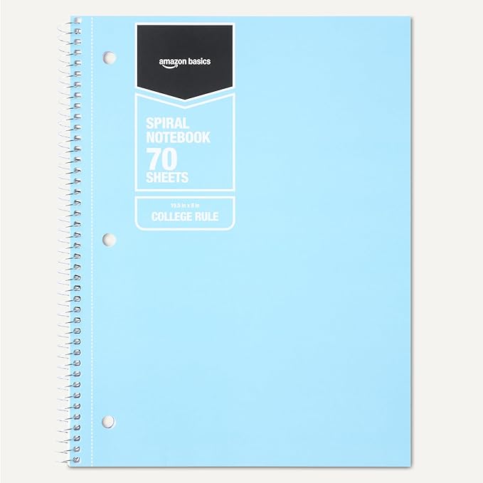 Amazon Basics Spiral Notebooks, College-Ruled Notebook, Notebooks for School, Office, and Home, Lightweight Poly Cover, 70 Sheets, 10.5" x 8", Light Blue, 2-Pack
