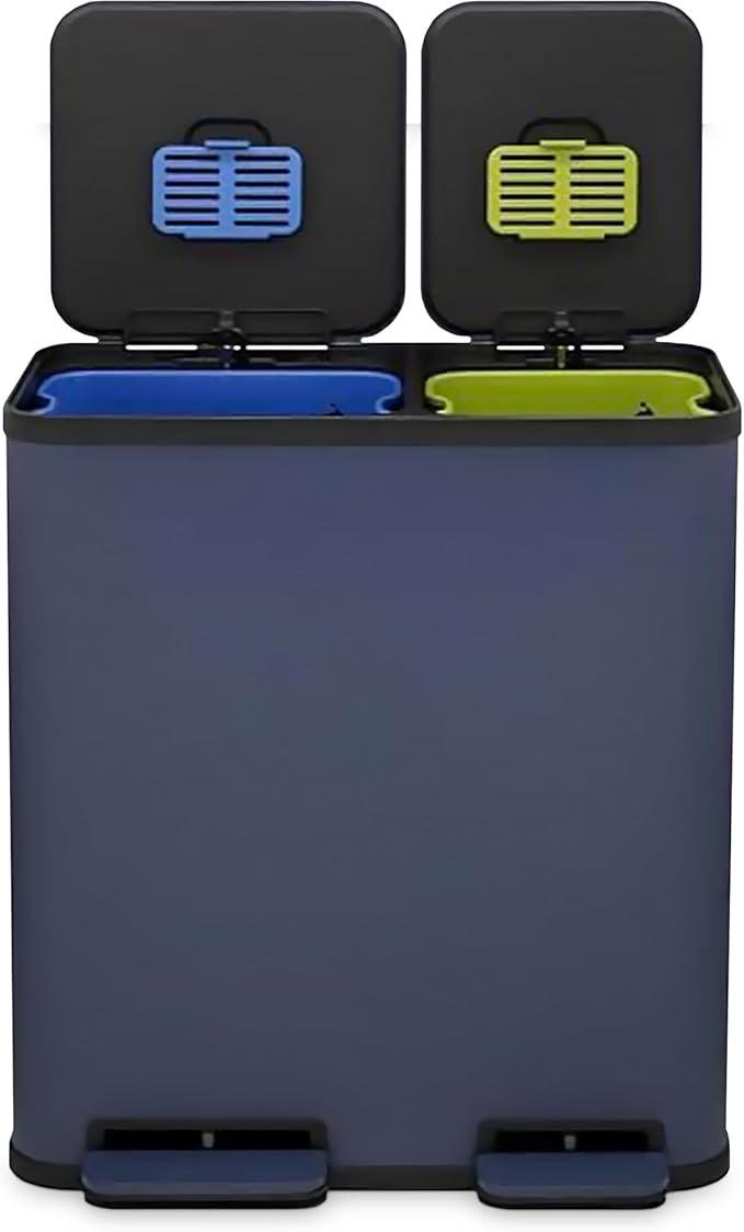 70 Liter / 18.5 Gallon Rectangular Hands-Free Dual Compartment Recycling Kitchen Step Trash Can with Soft-Close Single Lid, Stainless Steel (40L x 30L Capacity), Blue