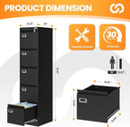 AFAIF 5 Drawer File Cabinet with Lock, Metal Filing Cabinets for Home Office, Vertical Black Locking File Caninet, Steel Narrow Five Drawer File Cabnet for Letter/Legal / A4 / B4- Assembly Required