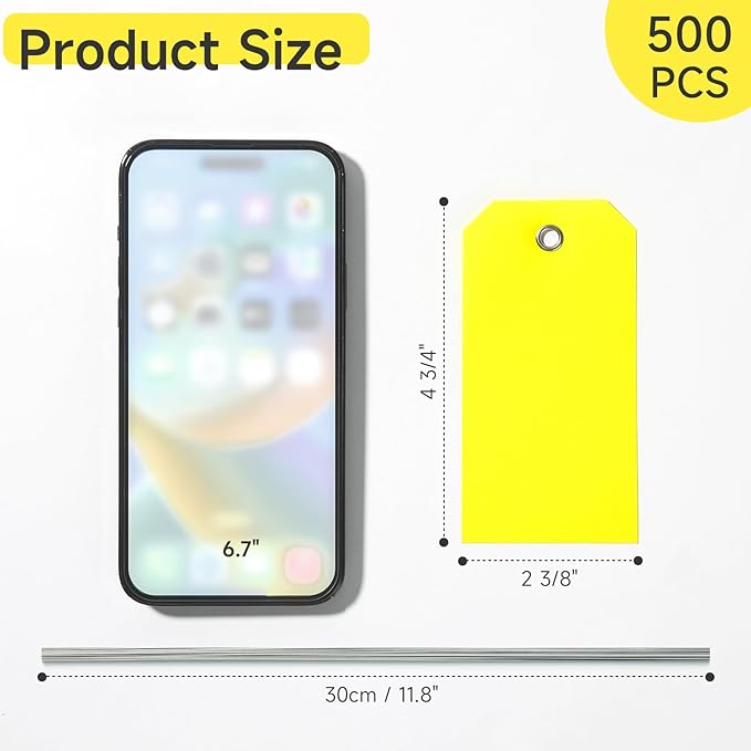 500 Pieces Plastic Shipping Tags with Wire Waterproof Hang Tags Heavy Duty Labeling Tags with String Wires Tags Labels Labeling Tags Stacking Tags for Equipment Car Parts (Yellow, 4 3/4 x 2 3/8)