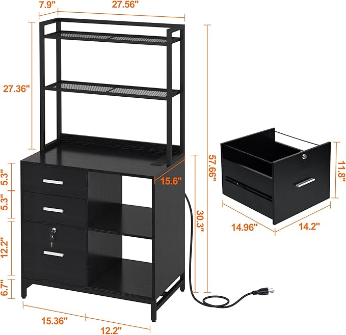 Livofloral File Cabinet with Charging Station, 3 Drawer Filing Cabinet with Bookshelf, Large Printer Stand with Open Storage Shelves for Home Office, Locking File Cabinets Fits Letter/A4 Size, Black