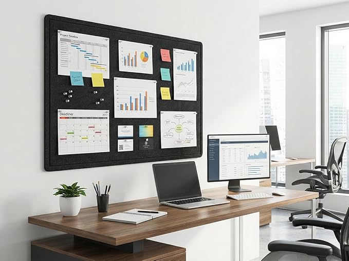 DexBoard Foldable 72x 48 inch Large Bulletin Board for Wall, Decorative Picture Display Felt Board with Self-Adhesive Tape for School, Home, Kitchen & Office Walls, Includes 30 Pins, Black