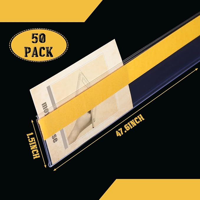 Fainne 50 Pcs Shelf Label Strips 1.5''H x 48''L Self Adhesive Shelf Label Holder Gondola Price Tag Stick on Plastic Clear Ticket Channel for Metal Wood Plastic Rack