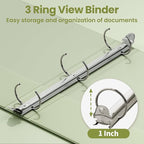 SUNEE 3 Ring Binder 1 Inch 1 Pack, Clear View Binder Three Ring PVC-Free (Fit 8.5x11 Inches) for School or Office Supplies, Sage Green