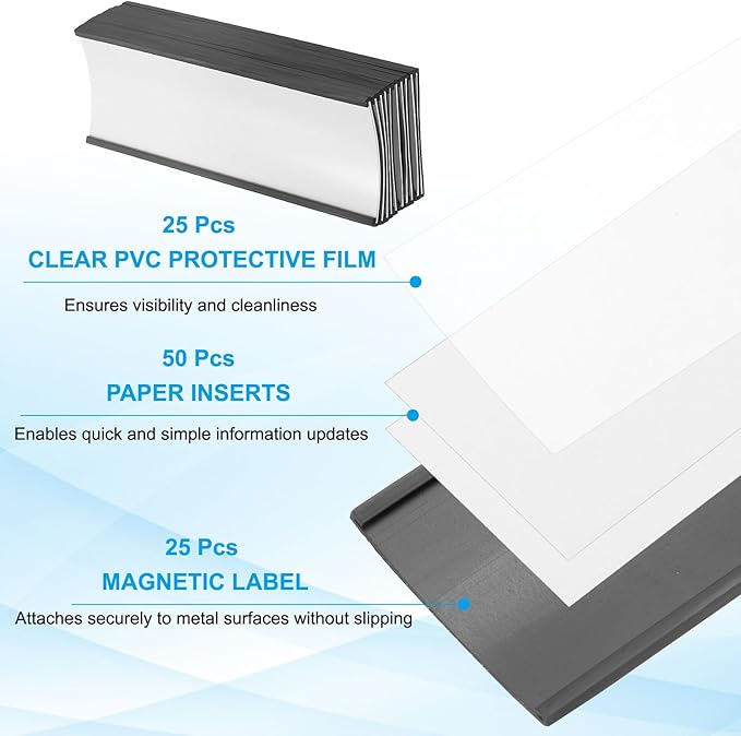 PATIKIL Magnetic Label Holder 5.5" x 2" with Paper Inserts, 25 Pcs C Channel Magnetic File Cabinet Labels Shelf Data Card Holder Signs for Metal Racks Shelves Whiteboard Tool Box
