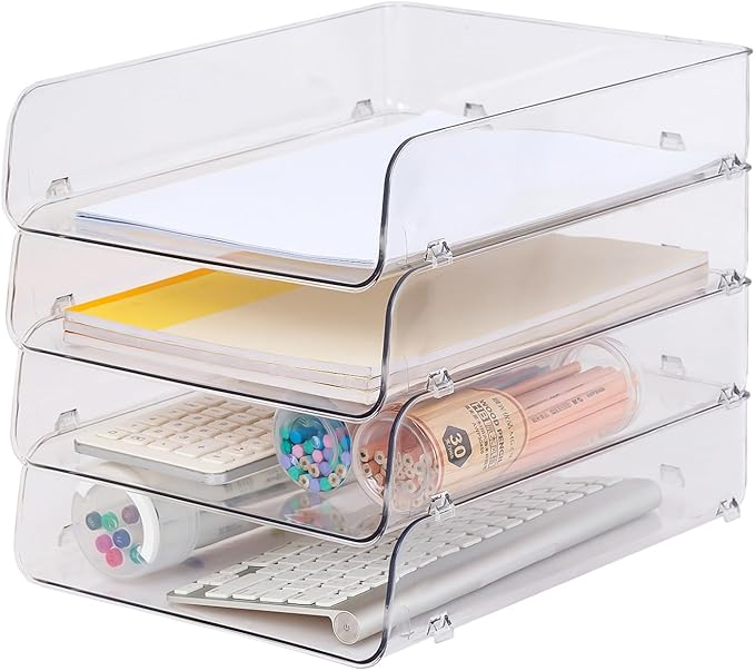 Gagee 4 Pack Paper Organizer for Desk,Clear Stackable Paper Sray Holder, Office Desk Organizer for Notes, Pens, File, Document