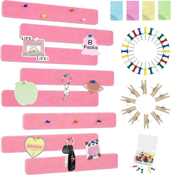 Vuzvuv 8 pcs Bulletin Board Bar Strips with 50 Pushpins & 10 Wooden Clip pins，Self Adhesive Cork Board for Wall，Felt Pin Board for School，Office Decor(Pink)