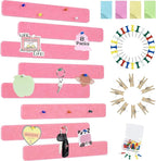 Vuzvuv 8 pcs Bulletin Board Bar Strips with 50 Pushpins & 10 Wooden Clip pins，Self Adhesive Cork Board for Wall，Felt Pin Board for School，Office Decor(Pink)