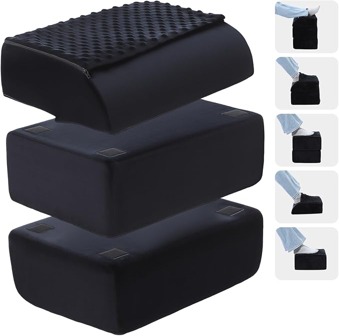 Novabright Foot Rest Under Desk at Work with 3 Adjustable Height, Non-Slip Ergonomic Foot Stool with Gel Top and Warm Pocket for Home Office Car Leg Back Rest(15" X 11" X 14.4",Cambered,Black)