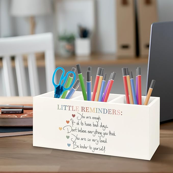 URLLUAE Little Reminders Mental Health Wooden Pen Pencil Holder for Office Desk Accessories, Therapist Gifts, Mental Health Positive Affirmations Makeup Brush Toothbrush Holder Organizer