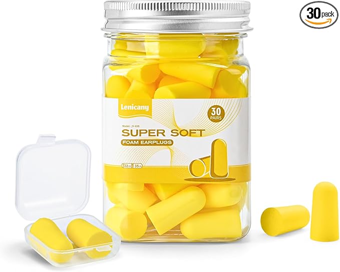 Lenicany 30Pair Soft Foam EarPlugs, 32dB Disposable Sound Blocking Noise Cancelling Ear Plugs for Concerts Loud Music/Shooting Guns/Work Construction, Hearing Safety Protection (Yellow)