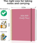 2026-2028 Monthly Planner, Three Years Calendar from January 2026 - December 2028 with Spiral Binding, Inner Pocket, Elastic Closure, 38 Month Planner for Home | School | Office, 8.5" x 11", Pink