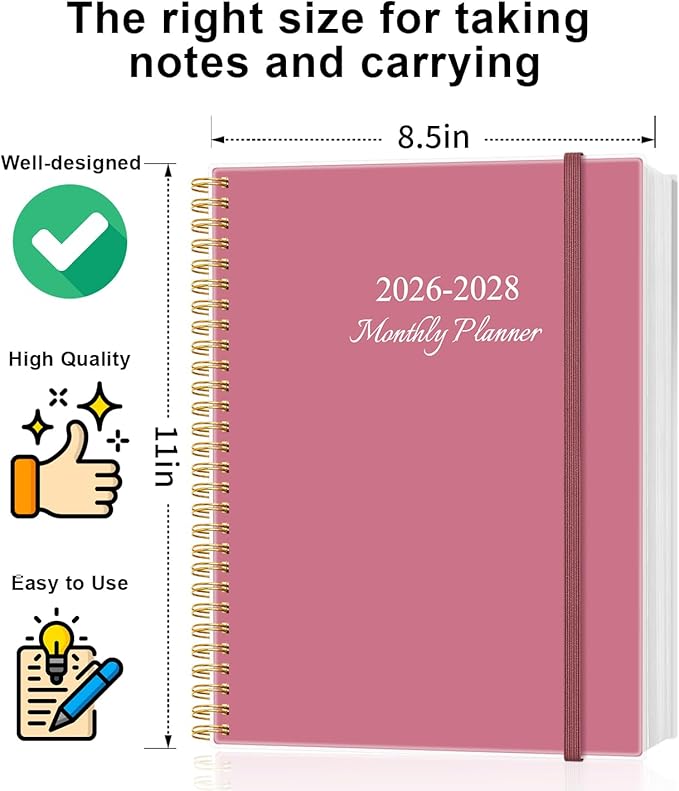 2026-2028 Monthly Planner, Three Years Calendar from January 2026 - December 2028 with Spiral Binding, Inner Pocket, Elastic Closure, 38 Month Planner for Home | School | Office, 8.5" x 11", Pink