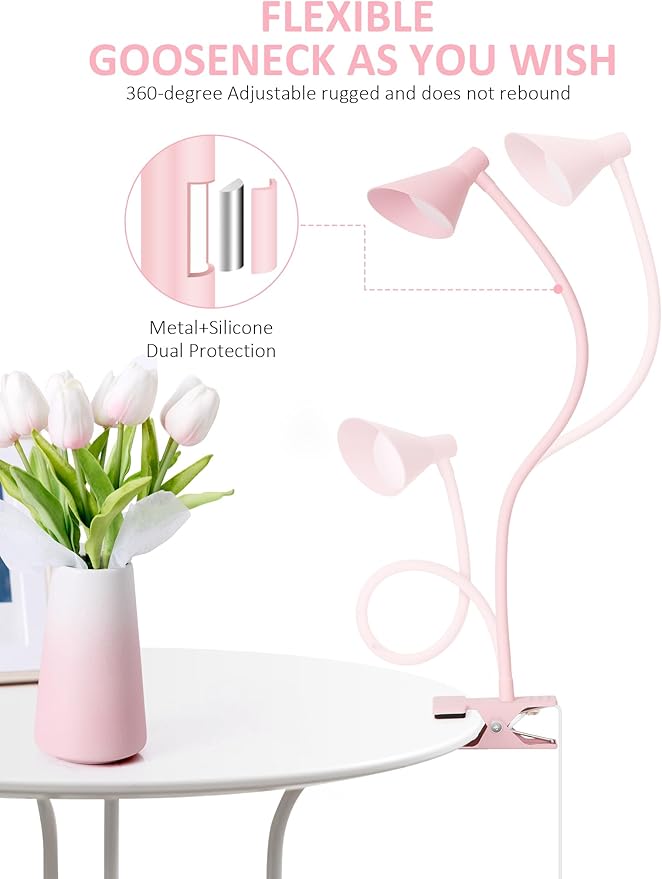 LiFMIRA Pink Small Desk Lamp Clip on LED Reading Light for Bed, 3 Color Modes 10 Dimmable Brightness, Book in Bed Headboard, Flexible Neck Clamp BL08