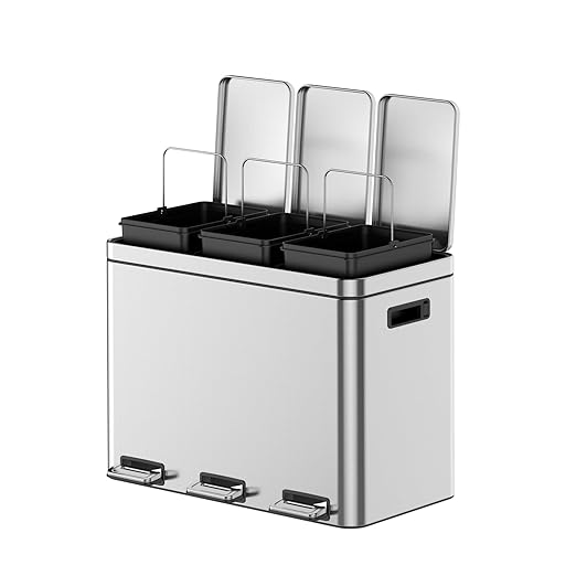OUTLANE 45L Triple Compartment Stainless Steel Recycling Bin, Step Pedal, Soft Close Lid, Removable Liners, Smudge Resistant, Kitchen/Office Waste Sorter, 37.6x63x46.8cm