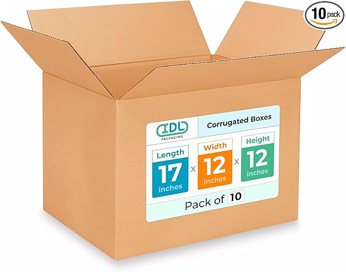 Medium Shipping & Moving Boxes 17x12x12 inches (10-Pack) - Extra Strength 200 lb vs Regular - Corrugated Durable Cardboard Boxes - Medium Moving Box - Heavy Duty Moving Box by IDL Packaging
