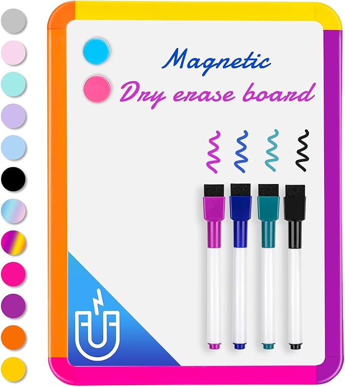 VUSIGN Small White Board Dry Erase, 8.5''x11'' Magnetic Dry Erase Board, Mini Whiteboard with Markers for Students, Fridge, Wall, Locker, Colorful Frame