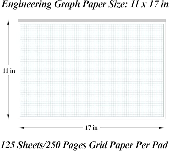 (5-Pack) Engineering Graph Paper Pad - 17" x 11" Grid Paper for Engineering, Drafting, Blueprint Drawing, 125 Sheets/250 Pages 4x4 Blue Quad Rule by Better Office Products