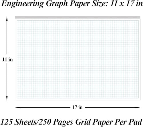 (5-Pack) Engineering Graph Paper Pads, 11x17 Quadrille 125 Sheets/250 Pages Grid Paper for Drafting, Engineering, Blueprint Drawing, 4x4 Blue Quad Rule, 100gsm White Paper