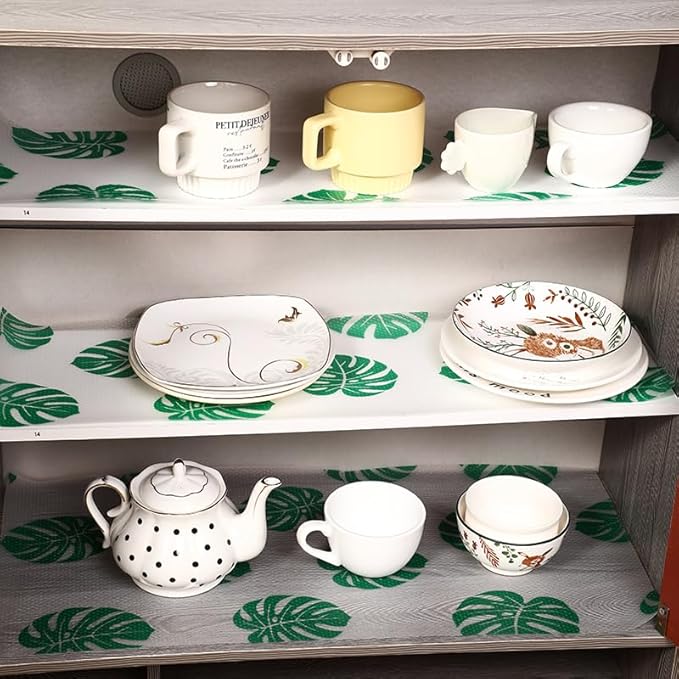 Monstera Shelf Liner for Drawers and Cabinets - Non Adhesive Waterproof Washable Cabinet Liner, Decorative Tropical Leaves Contact Paper for Kitchen Shelves, Pantry, Closet, Fridge
