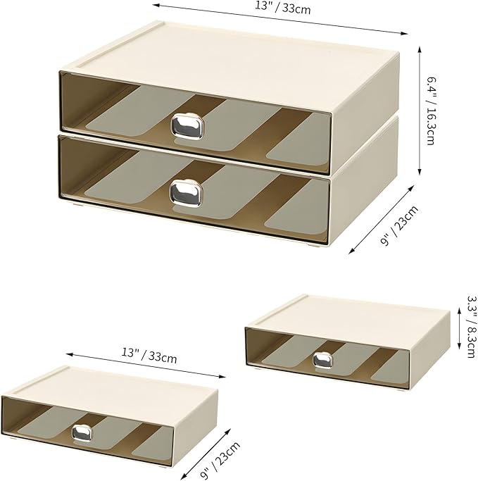 OSteed Spacious Desktop Storage Box, 2 Large Storage Drawers, Stackable Office Desk Drawer Organizer and Accessories, Printer Paper Organizer, Cream Plastic Drawers for Workspace