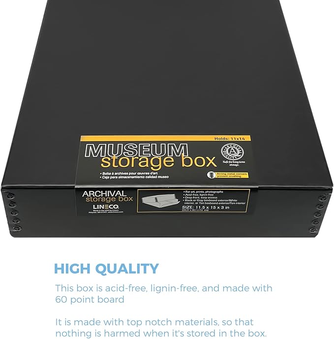 Lineco 11x14 Black Museum Archival Storage Box, Drop Front Design, 11 1/2 x 15 x 3 in. Acid-Free with Metal Edge. Preserves Picture Longevity, Organize Photos or Documents, Crafts, DIY.