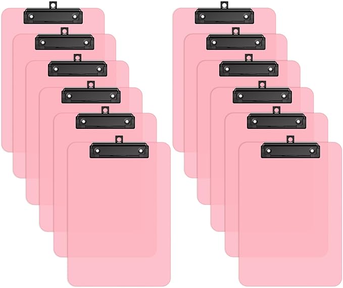 Zoenley A4 Plastic Clipboard Set of 12, Pink 12.5 x 9 Letter Size for Classroom, Students, Teacher, Nurse, A4 Clear 8.5 x 11 Clip Board with Low Profile Black Clip, Office & School Supplies